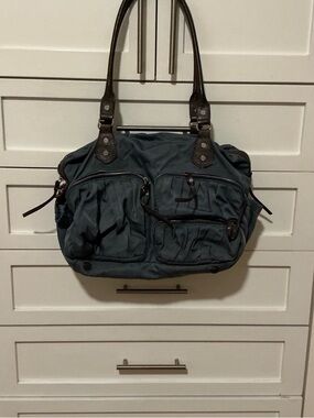 MZ Wallace Slate Blue Nylon Tote with Gray Leather Handles